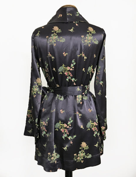 Stone Grey Printed Satin 1930s Style Shawl Collar Kimono Robe