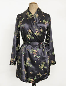 Stone Grey Printed Satin 1930s Style Shawl Collar Kimono Robe