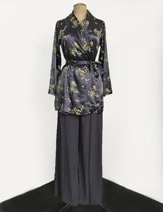 Stone Grey Printed Satin 1930s Style Shawl Collar Kimono Robe