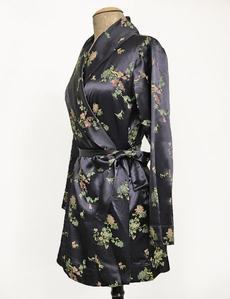 Stone Grey Printed Satin 1930s Style Shawl Collar Kimono Robe