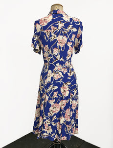 Blue Nouveau Floral Short Sleeve Knee Length Vintage Day Dress - FINAL SALE