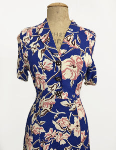 Blue Nouveau Floral Short Sleeve Knee Length Vintage Day Dress - FINAL SALE