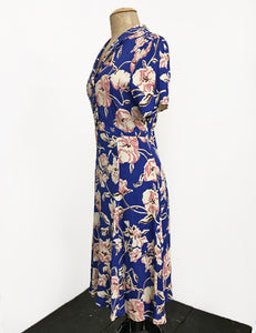 Blue Nouveau Floral Short Sleeve Knee Length Vintage Day Dress - FINAL SALE