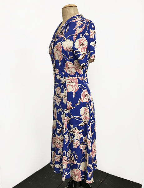 Blue Nouveau Floral Short Sleeve Knee Length Vintage Day Dress - FINAL SALE