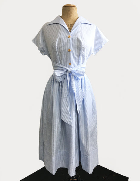 FINAL SALE - Scout for Loco Lindo 1940s Style Blue Seersucker Willow Dress