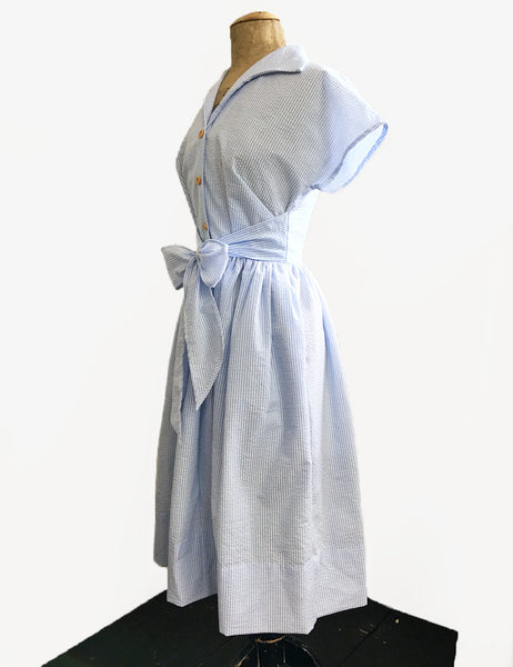 FINAL SALE - Scout for Loco Lindo 1940s Style Blue Seersucker Willow Dress