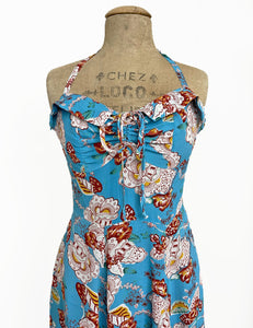 Blue Spanish Porcelain 1940s Marta Halter Swing Dress With Bolero