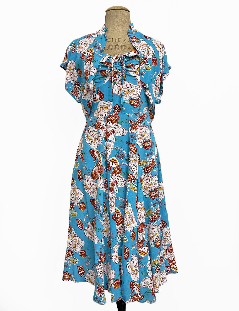 Blue Spanish Porcelain 1940s Marta Halter Swing Dress With Bolero