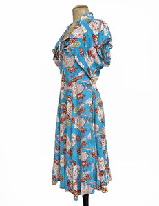 Blue Spanish Porcelain 1940s Marta Halter Swing Dress With Bolero