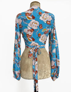 FINAL SALE - Blue Spanish Porcelain Babaloo Drama Sleeve Wrap Top