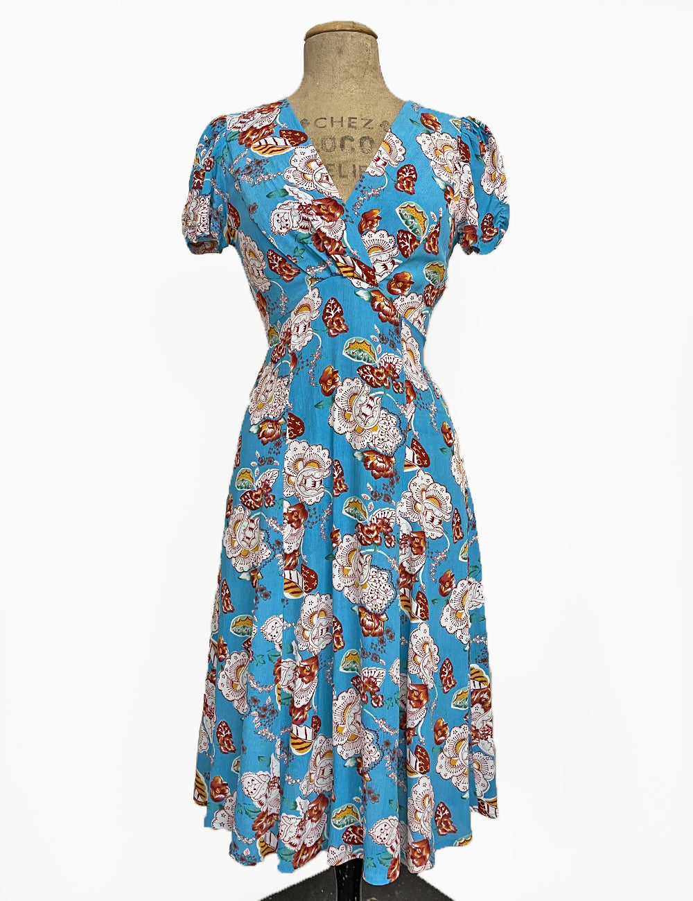 Blue Spanish Porcelain Print Retro Knee Length Rita Dress