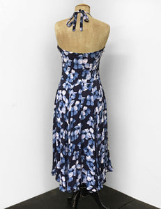 Shades of Blue Tropical Floral Print 1940s Marta Halter Swing Dress
