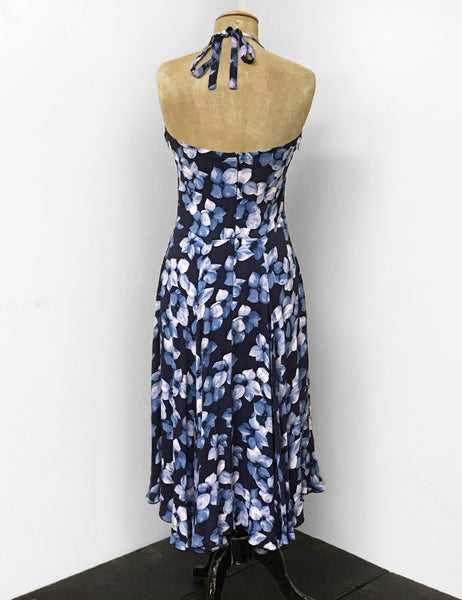 Shades of Blue Tropical Floral Print 1940s Marta Halter Swing Dress