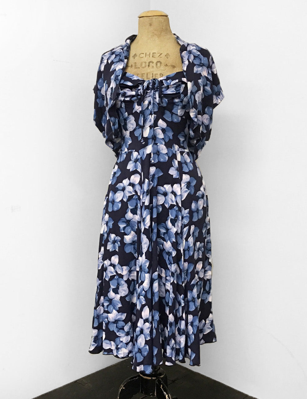 Shades of Blue Tropical Floral Print 1940s Marta Halter Swing Dress