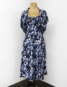 Shades of Blue Tropical Floral Print 1940s Marta Halter Swing Dress