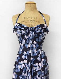 Shades of Blue Tropical Floral Print 1940s Marta Halter Swing Dress