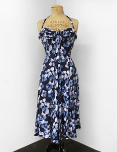 Shades of Blue Tropical Floral Print 1940s Marta Halter Swing Dress
