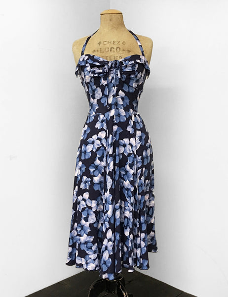 Shades of Blue Tropical Floral Print 1940s Marta Halter Swing Dress