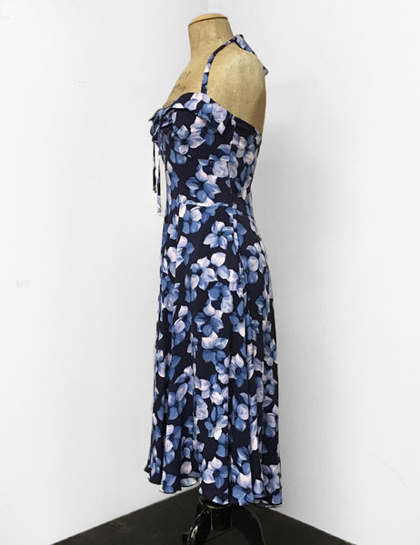 Shades of Blue Tropical Floral Print 1940s Marta Halter Swing Dress