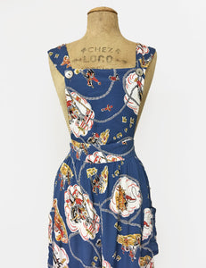 Denim Blue Vintage Western Print Retro Rosie 1940s Style Bib Overalls