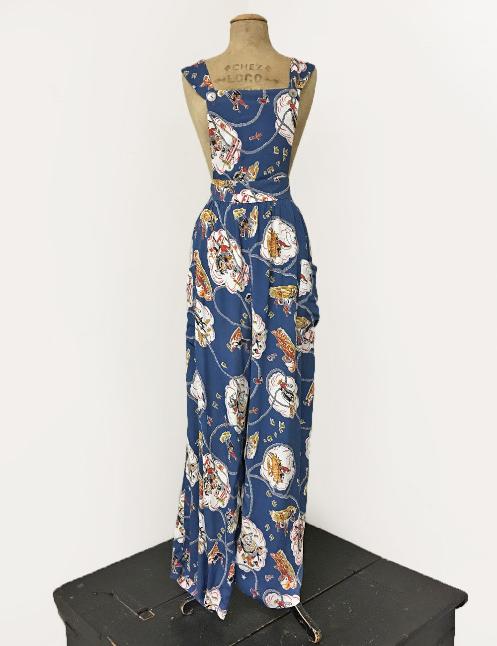 Denim Blue Vintage Western Print Retro Rosie 1940s Style Bib Overalls