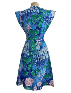 Scout for Loco Lindo - 1940s Style Blue Barkcloth Print Garden Wrap Dress