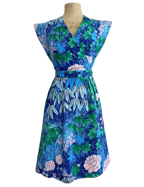 Scout for Loco Lindo - 1940s Style Blue Barkcloth Print Garden Wrap Dress