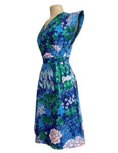 Scout for Loco Lindo - 1940s Style Blue Barkcloth Print Garden Wrap Dress