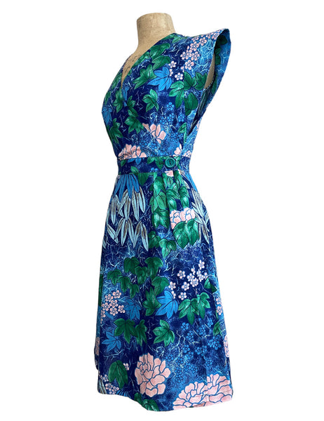 Scout for Loco Lindo - 1940s Style Blue Barkcloth Print Garden Wrap Dress