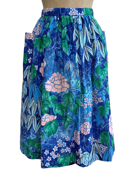 Scout for Loco Lindo - Blue Floral Barkcloth Print 1940s Style Petunia Skirt