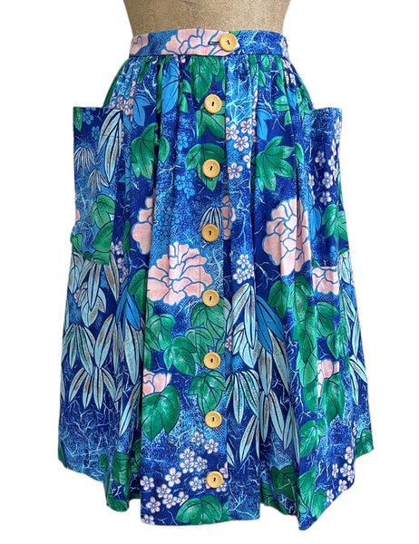 Scout for Loco Lindo - Blue Floral Barkcloth Print 1940s Style Petunia Skirt