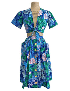Scout for Loco Lindo - Blue Floral Barkcloth Print Daisy Tie Top