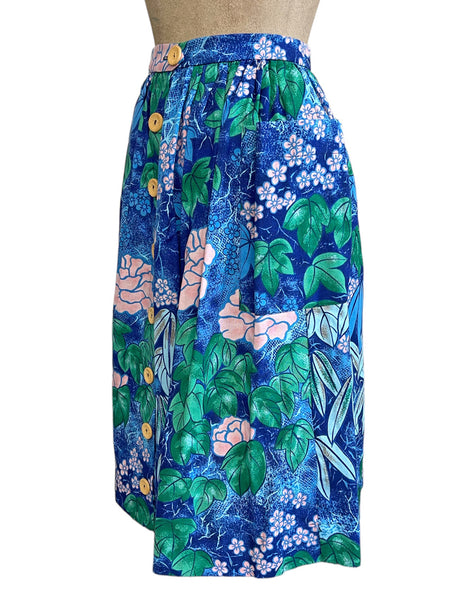 Scout for Loco Lindo - Blue Floral Barkcloth Print 1940s Style Petunia Skirt