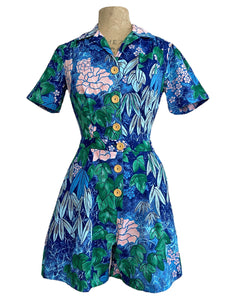 Scout for Loco Lindo - Blue Floral Barkcloth Print 1940s Carolina Romper