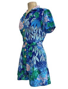 Scout for Loco Lindo - Blue Floral Barkcloth Print 1940s Carolina Romper