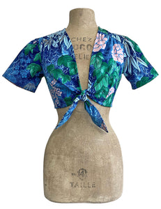 Scout for Loco Lindo - Blue Floral Barkcloth Print Daisy Tie Top