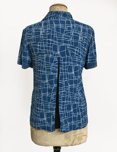 Marine Blue Mid-Century Lines Button Up Short Sleeve Camp Shirt