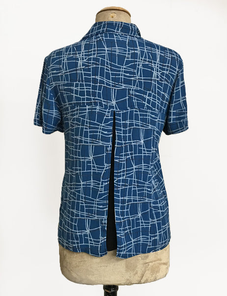 Marine Blue Mid-Century Lines Button Up Short Sleeve Camp Shirt