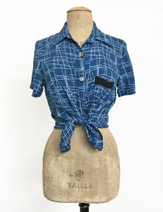 Marine Blue Mid-Century Lines Button Up Short Sleeve Camp Shirt