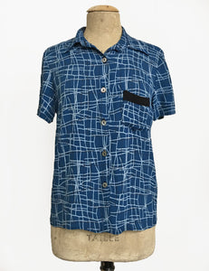 Marine Blue Mid-Century Lines Button Up Short Sleeve Camp Shirt