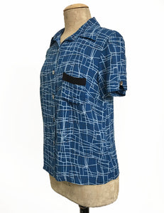 Marine Blue Mid-Century Lines Button Up Short Sleeve Camp Shirt