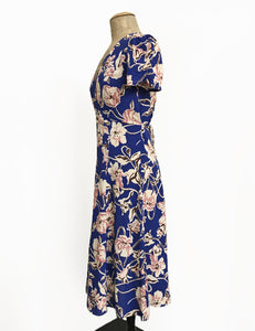 Blue Art Nouveau Floral Knee Length Rita Dress