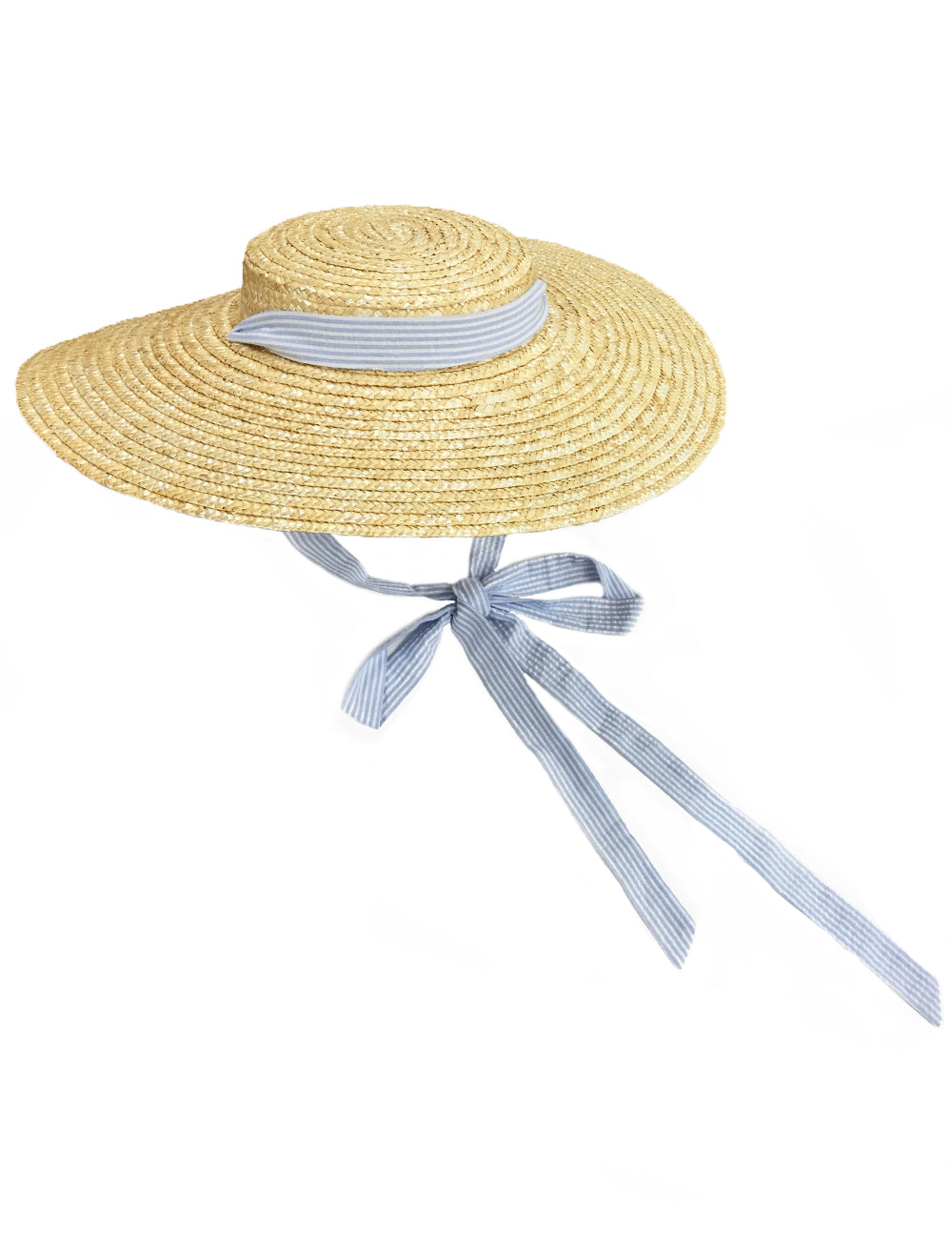 Blue Seersucker Vintage Style Woven Large Brim Straw Hat