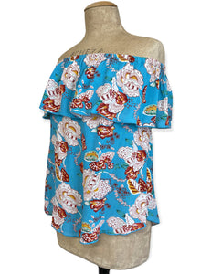 FINAL SALE - Blue Spanish Porcelain Off the Shoulder Dolores Peasant Blouse