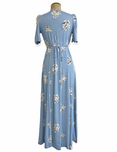 Blue Stencil Floral Vintage Style Maxi Length Rita Dress - Size Small