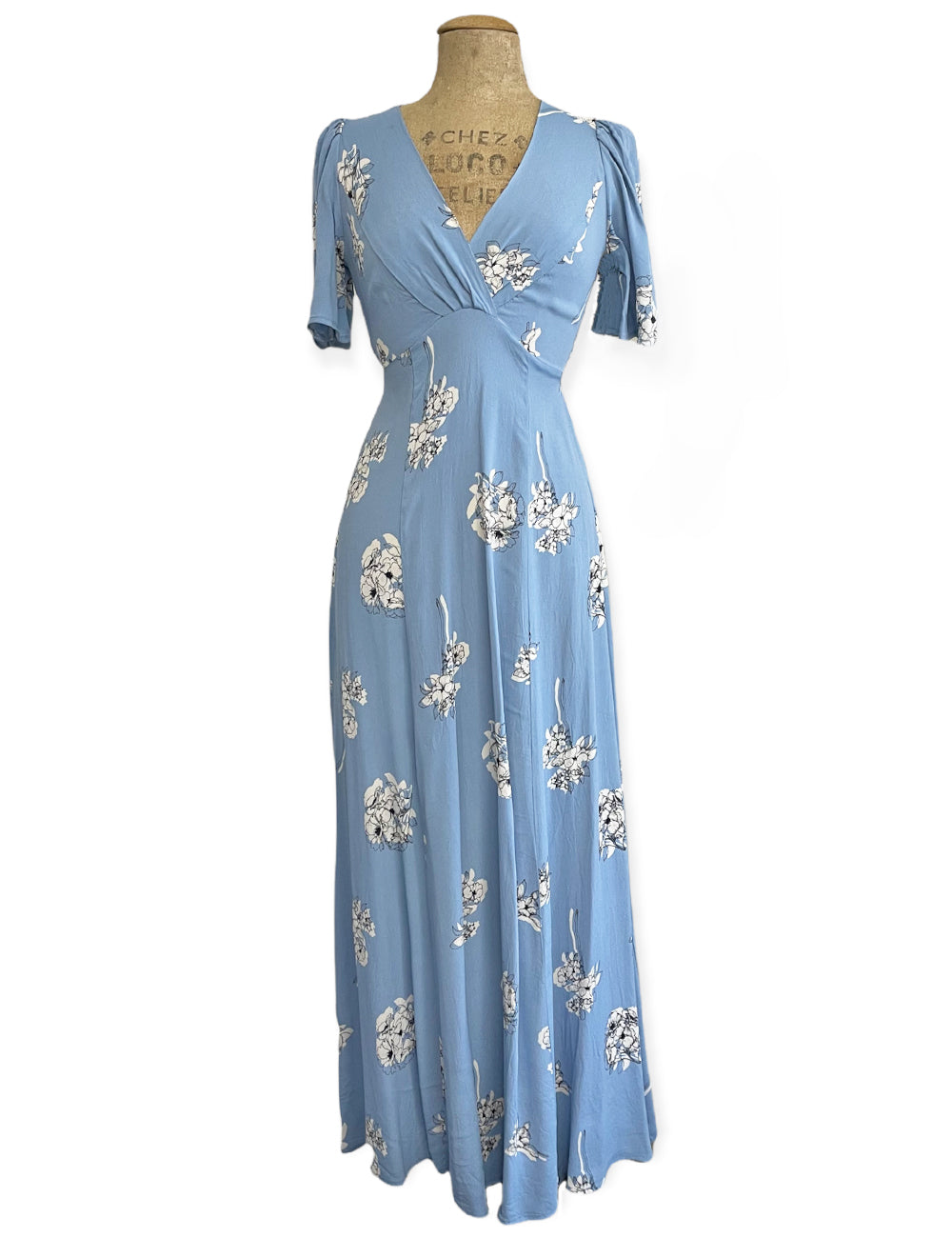 Blue Stencil Floral Vintage Style Maxi Length Rita Dress - Size Small