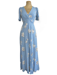 Blue Stencil Floral Vintage Style Maxi Length Rita Dress - Size Small