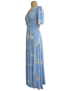 Blue Stencil Floral Vintage Style Maxi Length Rita Dress - Size Small