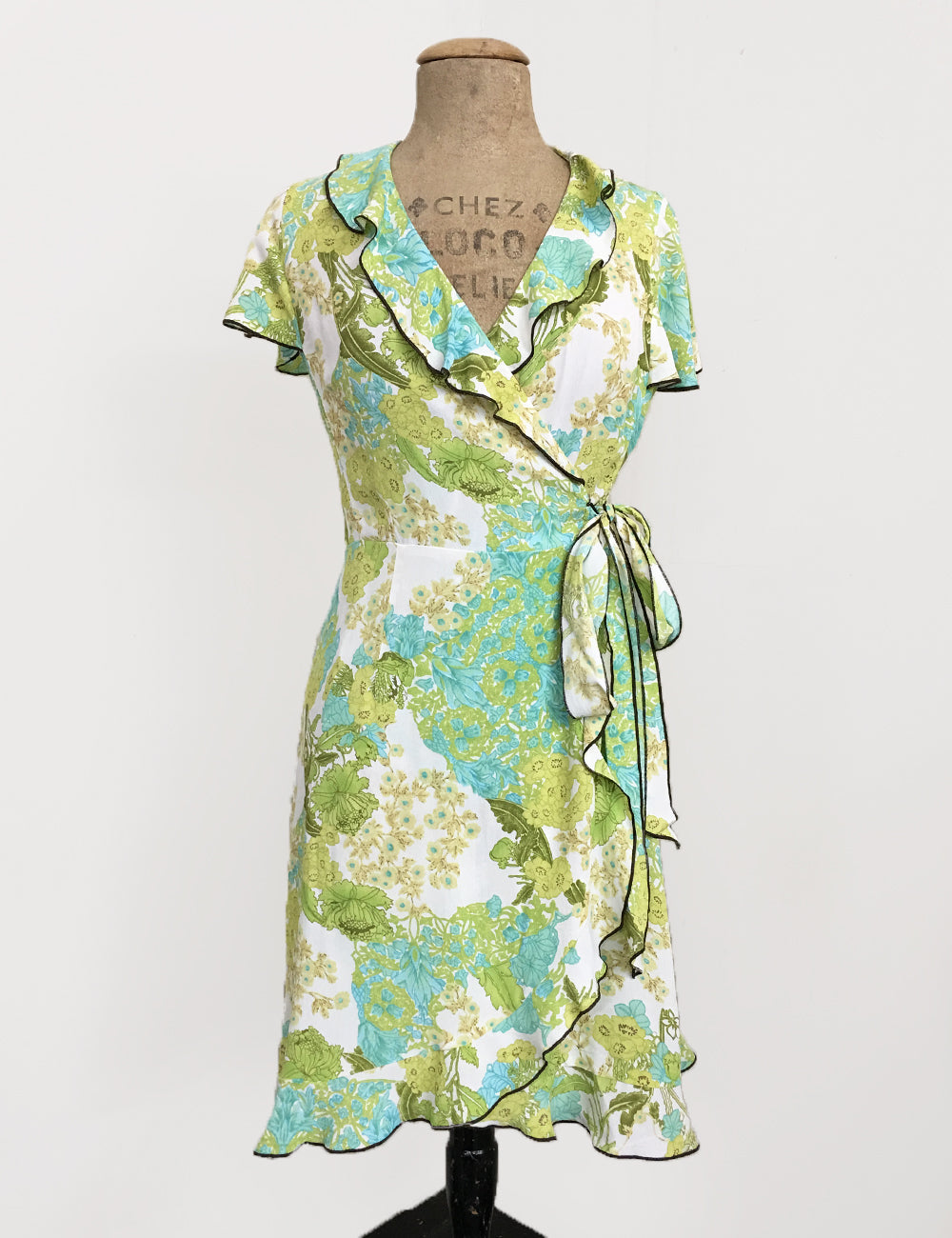 Green Bohemian Floral Rayon Ruffle Wrap Dress - FINAL SALE