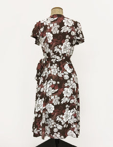 Retro Brown Floral Biasa Sweetheart Wrap Dress - FINAL SALE